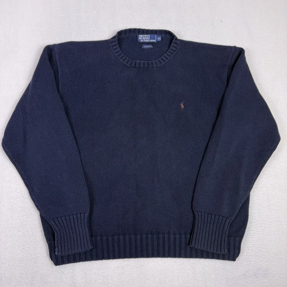 Polo Ralph Lauren Crewneck Knit Sweater XXL Navy Cotton Made in Hong Kong
